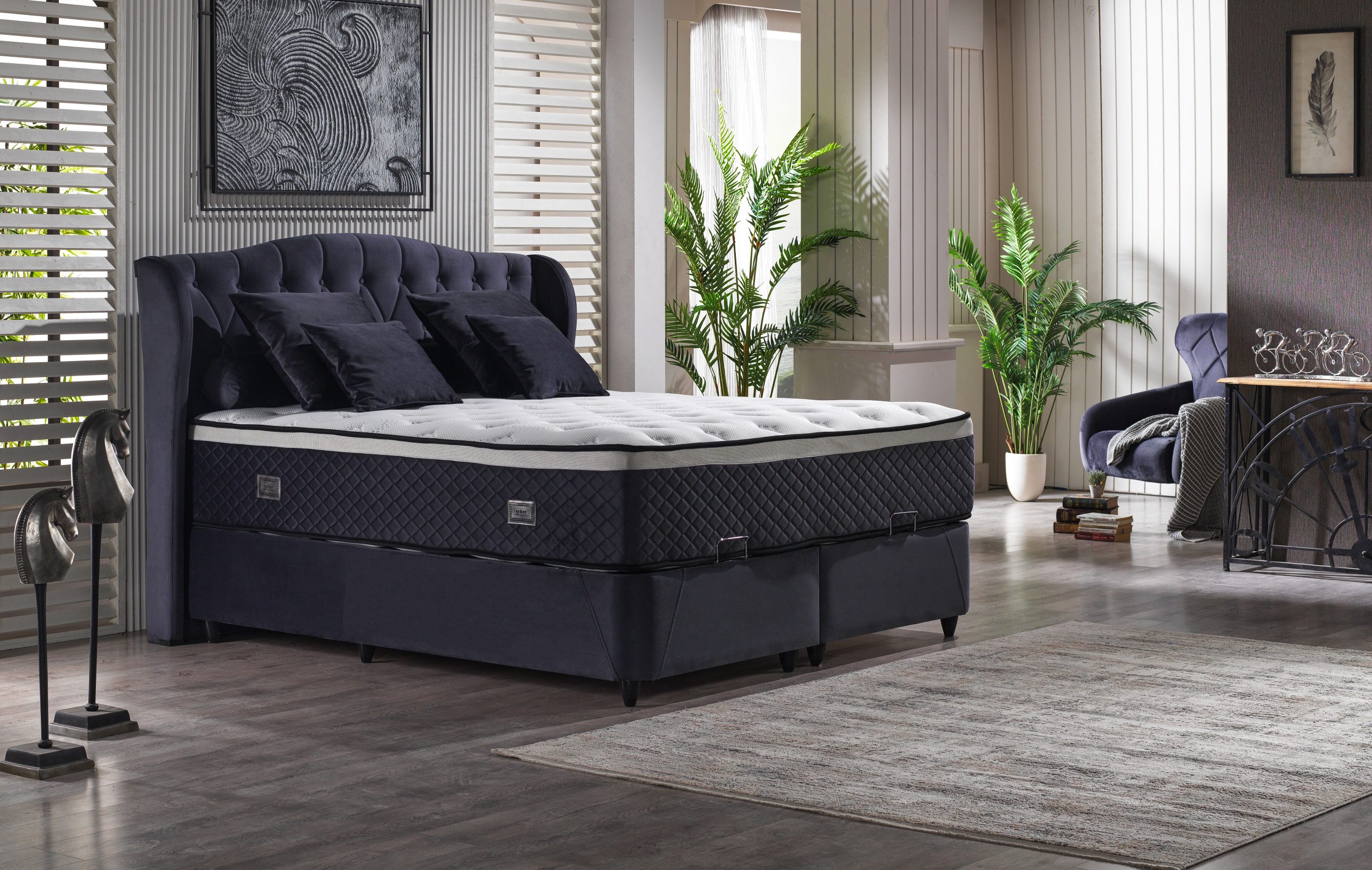 34099-1 Indigo 160x200 Box-Spring Bed Set - Görsel 1